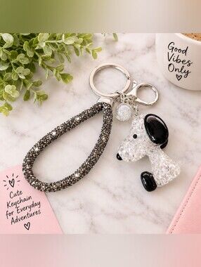 Sparkling Black & White Snoopy Dog Keychain Wristlet - Accessories